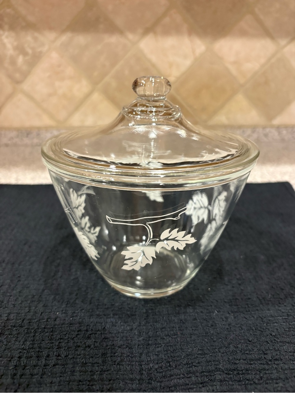 Vintage Fire-King Clear Glass Oak Leaf Grease Jar With Lid Lidded Bowl Dish